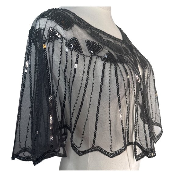 Black Sequin Mesh Geometric Shapes Cape Sheer Evening Wrap NWT - Picture 10 of 14
